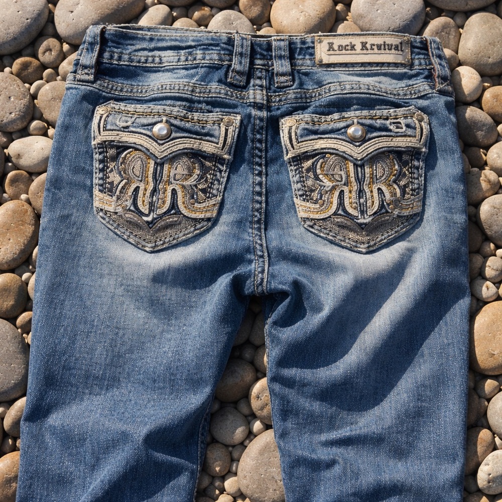 Rock Revival Blue Jeans with Gold Stitching